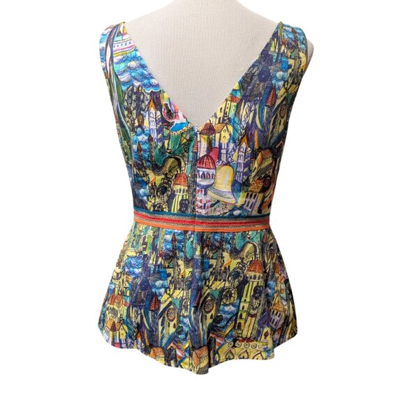 Weston Anthropologie Womens Size M Colorful Cityscapes Sleeveless Peplum Top - Picture 4 of 9